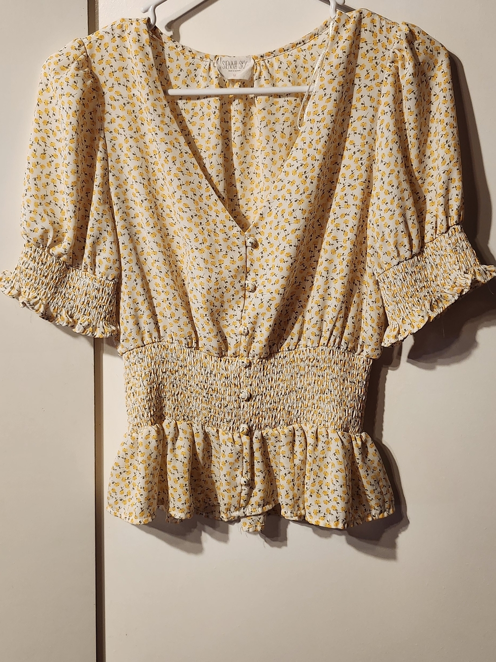 Boho Cottagecore SIENNA Sky Yellow Floral Smocked Peplum Top